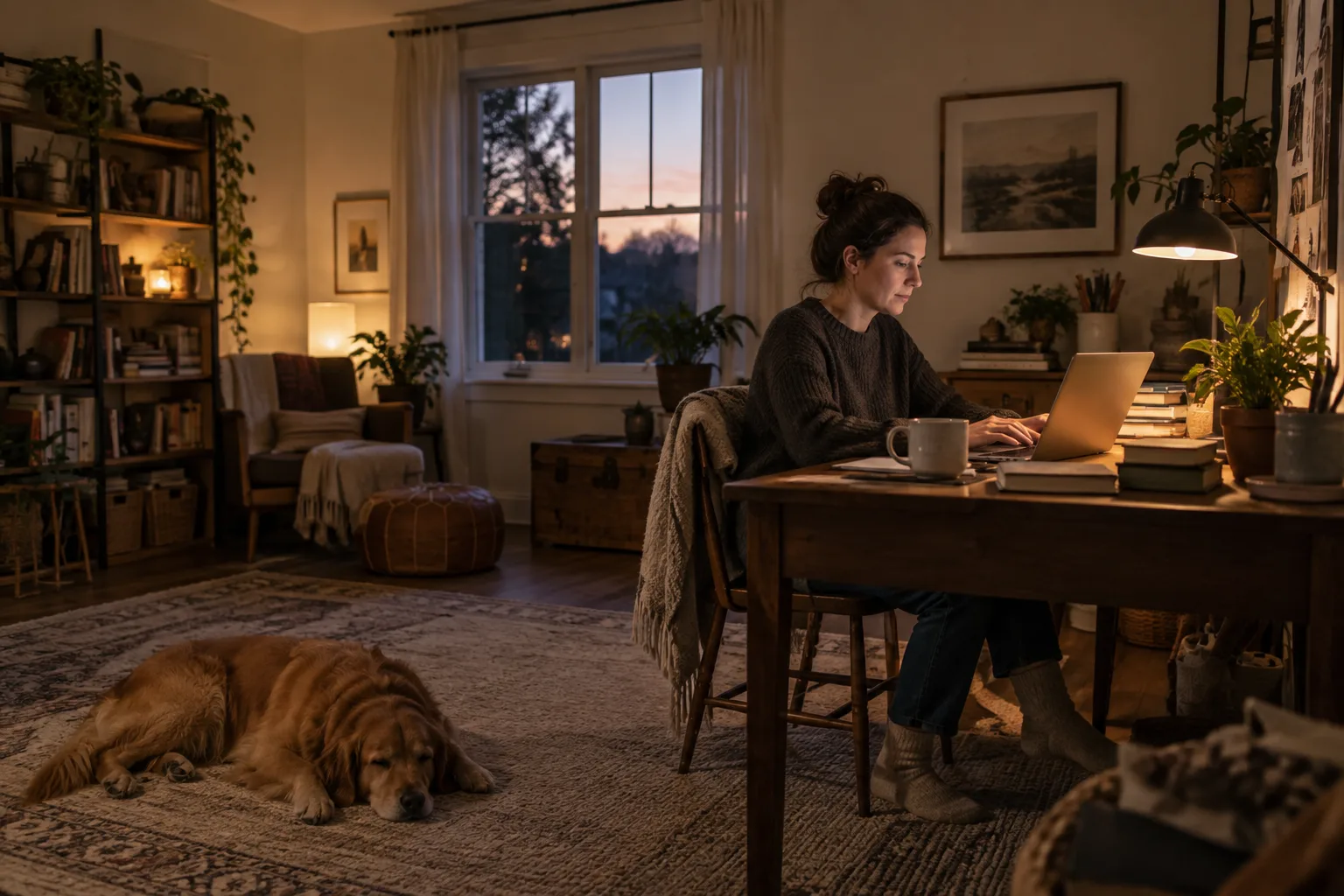 A welcoming home workspace with books, a laptop, and a resting dog.